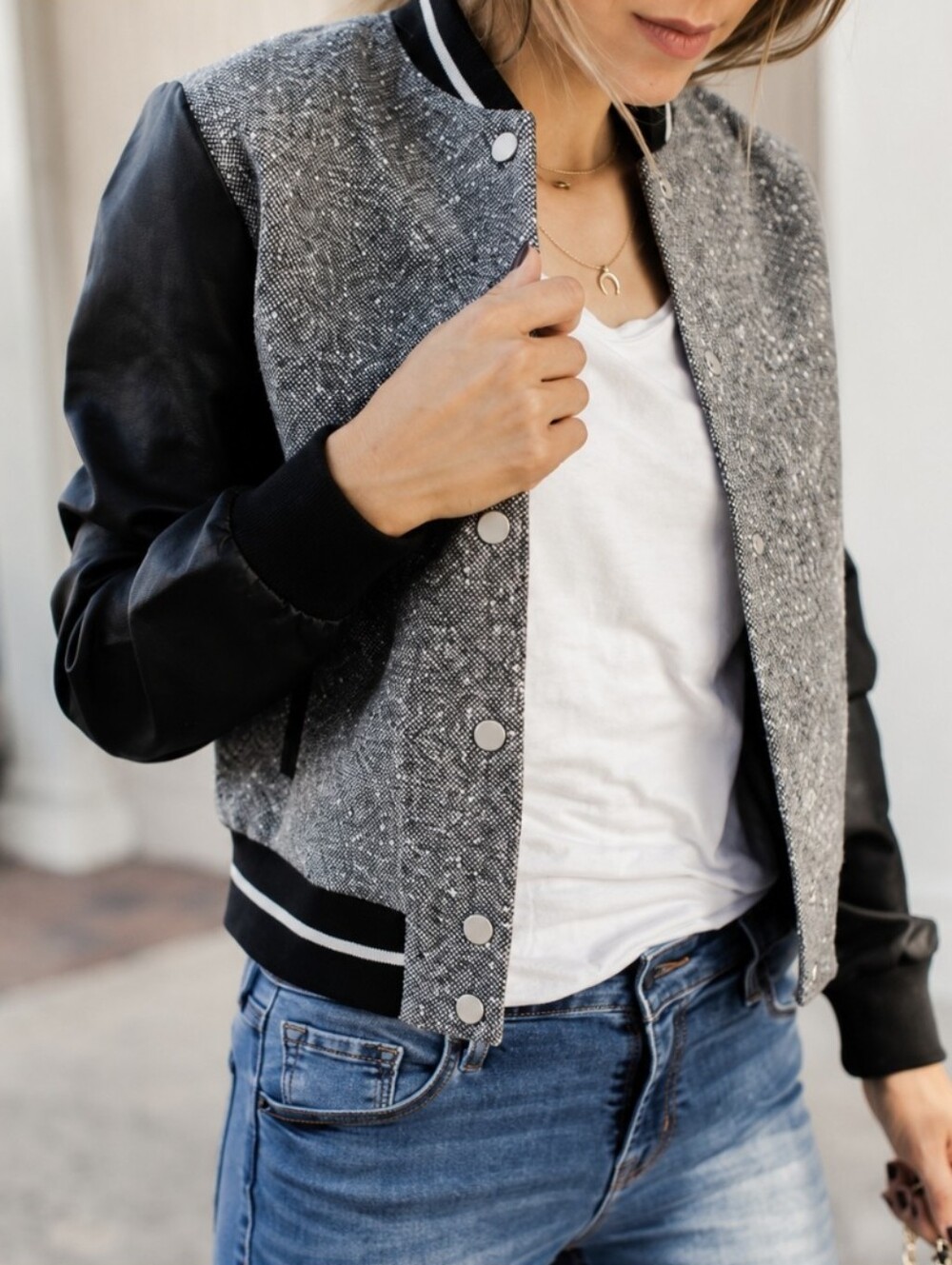 Abercrombie & Fitch Varsity Jacket Grey Tweed Faux Leather Sleeves Women's Sz XL